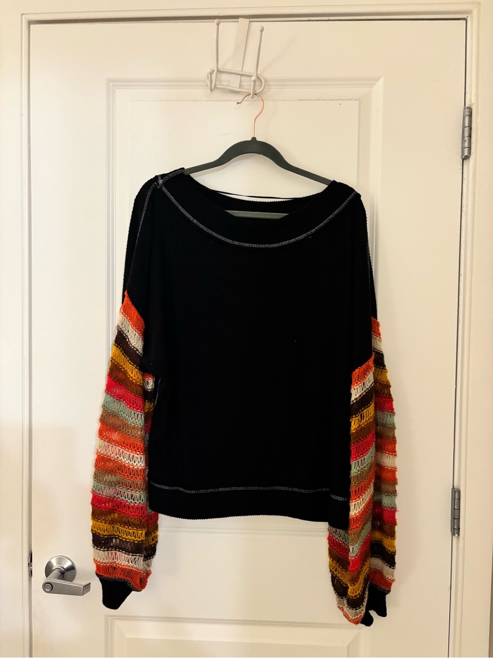 Free People Black Sweatshirt with Multicolor Striped Crochet Sleeves